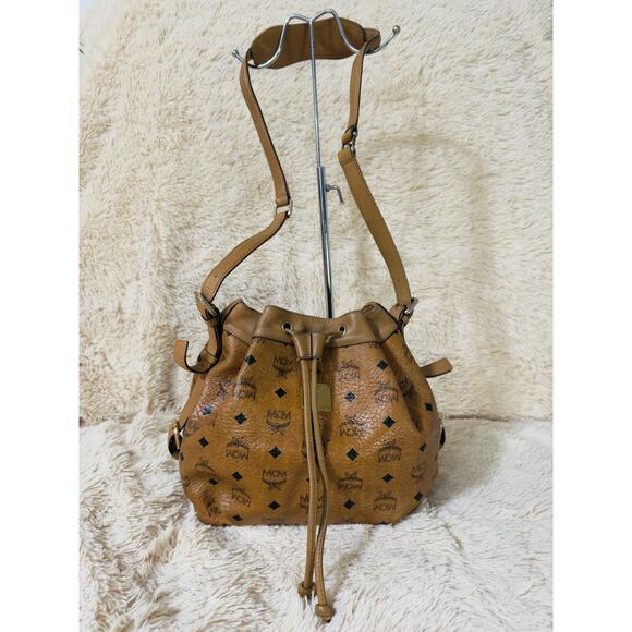 MCM Leather Drawstring Bucket Bag - Visetos Cognac - Picture 1 of 14